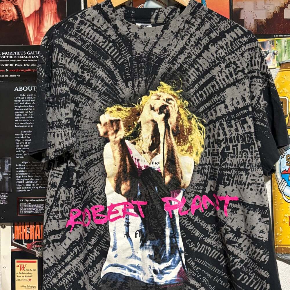 Vintage 90's Robert Plant Rock Band Portrait AOP Black Tee Shirt - XL